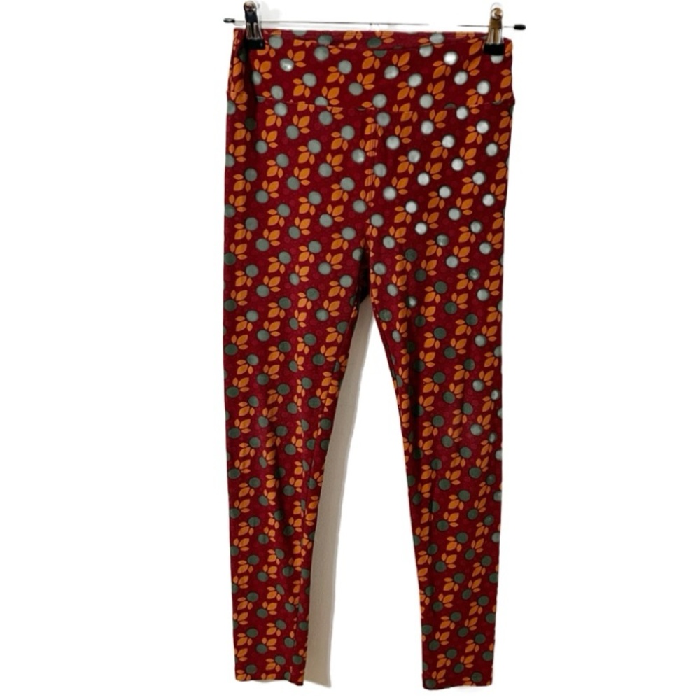 LuLaRoe Red Orange Green Floral Printed Leggings Pull-On Banded Waist One Size